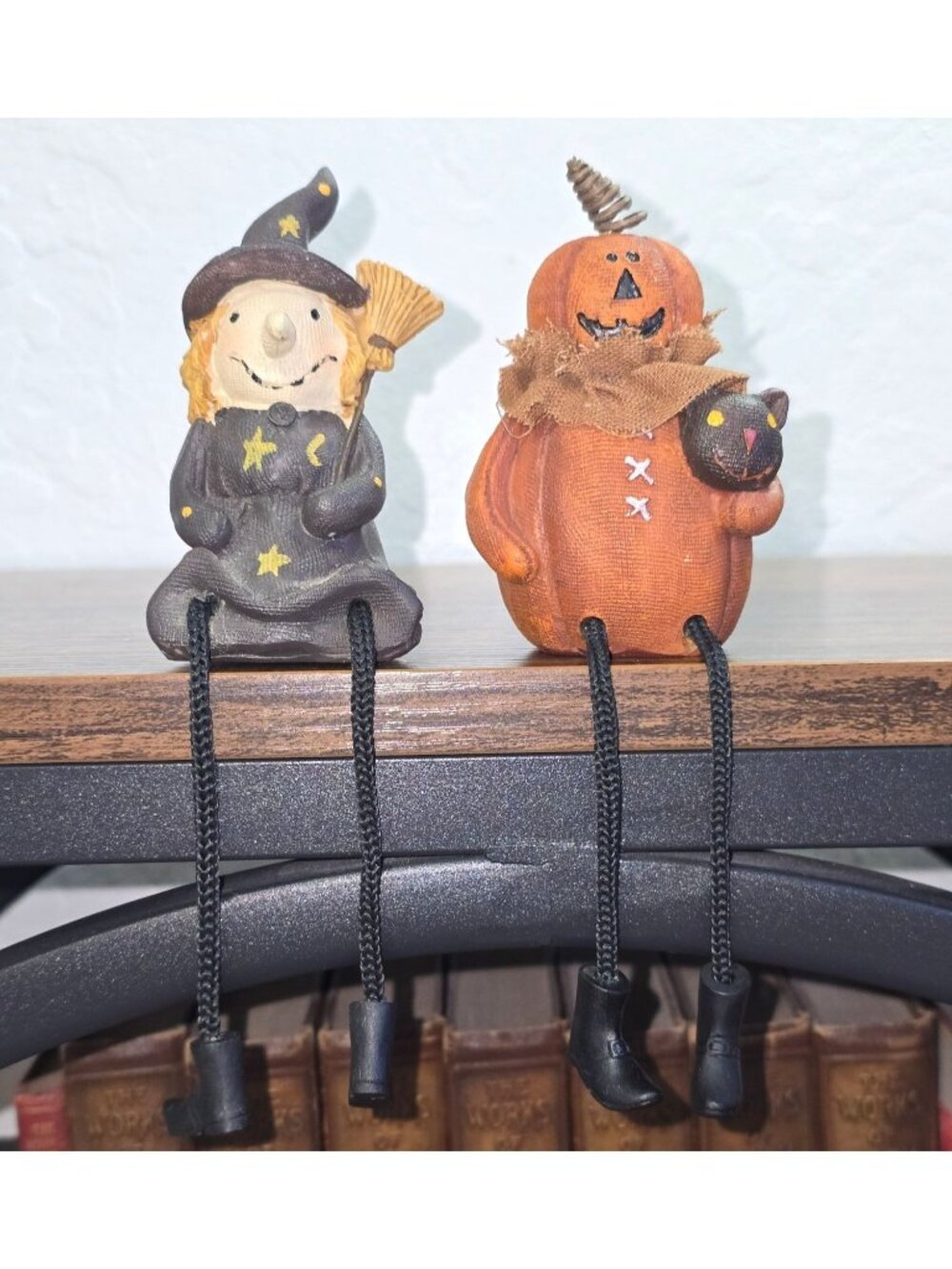 Halloween Witch & Pumpkin Shelf Sitters Dangling Legs - Rustic Fall Set Of 2